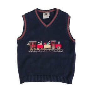 Good Lad of Philadelphia Toddler Ramie Cotton Knit Vest Navy Christmas Train 24M